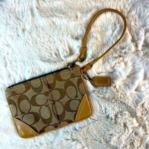 Coach Signature C Khaki & Tan Wristlet Fabric with Leather Trim